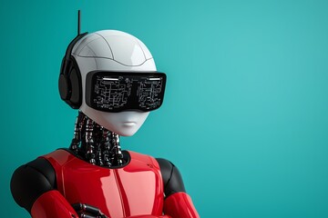 Futuristic robot with virtual reality headset.
