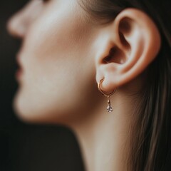 Elegant close-up of woman's ear featuring gold hoop earring with diamond pendant