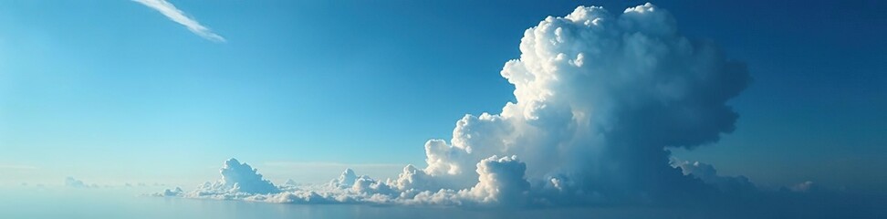 Fototapeta premium Gray cloud spreads across bright blue sky, ominous and foreboding, gray cloud, devastation, nuclear bomb