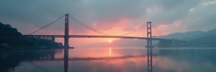 Silhouetted barcas against grey misty sky at dawn forming a triangle with the bridge in the background, water, bridge, focal point