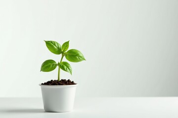 Single stem of basil growing in a small pot with soil on a plain white surface, herb, nature