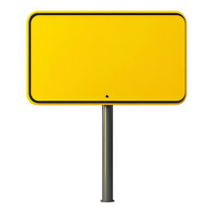 A blank rectangular warning sign with a bright yellow face and rounded corners is mounted on a gray post, isolated against a white backdrop for.