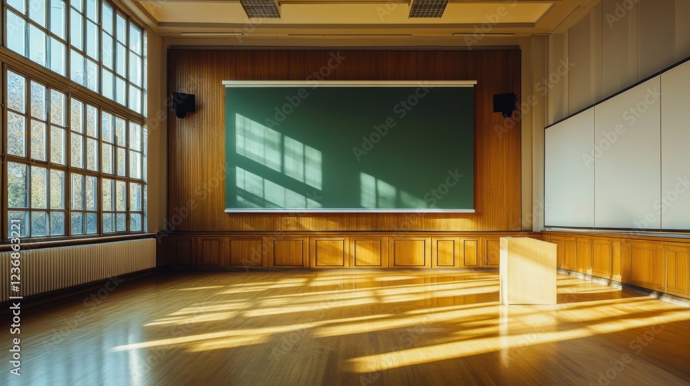 Poster empty lecture hall with large screen and wooden walls