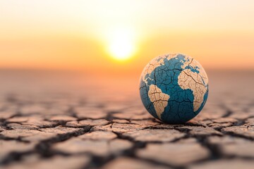 Globe on cracked earth at sunset view.