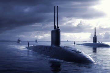 Fototapeta premium Submarines navigating through dark waters under a moody sky at dusk near the coast