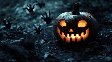 A spooky, illuminated jack-o'-lantern rests on a dark, leaf-strewn ground, casting an eerie glow in a dimly lit environment. The pumpkin features a menacing grin with jagged teeth and hollow eyes, sur