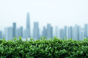 Green plants in front of a city skyline.