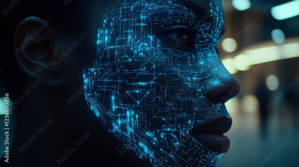 Poster close up profile view of a person with a face overlaid with glowing blue digital data. dark backgrou