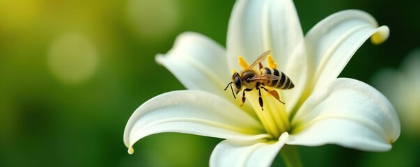 A bee hovering in front of a white lily with tiny pollen on the flower's petals, fly, honeybee