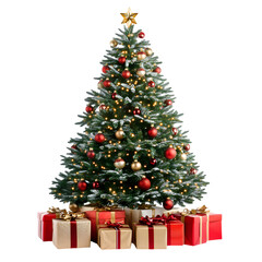 Beautiful Christmas tree with ornaments and gift boxes below isolated on white background