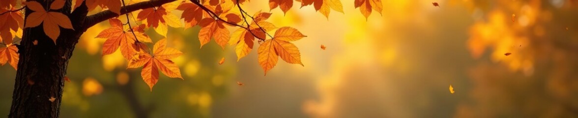 Fototapeta premium Golden leaves fall gently from the tree branches, nature, foliage, autumn tree background