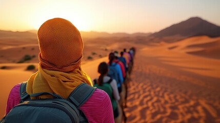 Fototapeta premium Group of Travelers Walking Through Expansive Desert Landscape at Sunset