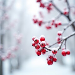 Frosted red berries against a snowy white background, icy, white, tree