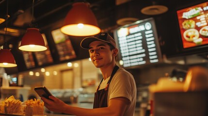 young restaurant employee using smartphone