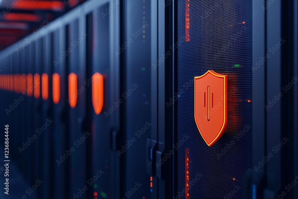 Poster high-tech server room with security symbols.