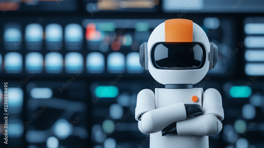 Poster humanoid robot in a tech-filled environment.