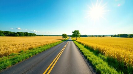 Asphalt road cutting through vibrant golden fields under a bright summer sun, flanked by verdant grass, offering a scenic countryside drive
