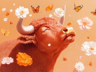 Whimsical taurus painting featuring a bull surrounded by floating flowers and butterflies in a dreamy environment