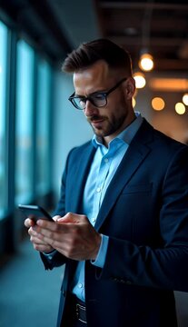 Confident Businessman Holding Smartphone in Office Professional Corporate Portrait