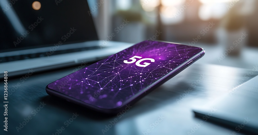 Poster smartphone displaying 5g network connection on a table with a laptop in the background.
