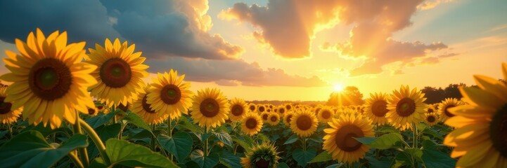 Fototapeta premium Golden sunflowers sway, tempestuous sky looms , storm clouds, rural landscape
