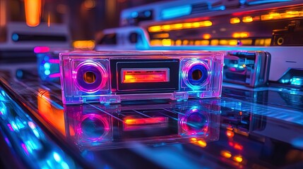 A vibrant and futuristic close-up of a transparent cassette tape deck, surrounded by colorful LED lights in shades of pink, blue, and orange. The reflective surface adds depth to the composition, show