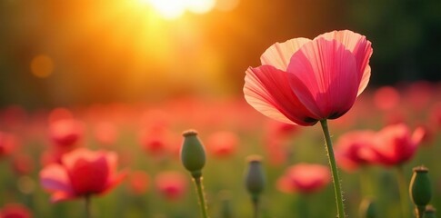 Sunlit pink poppy petals shimmer in the warm orange glow, tree, nature, poppy