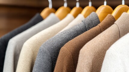 Fototapeta premium Stylish Knitwear on Wooden Hangers with Soft Tones for Fashion