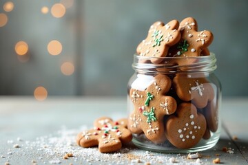 Clear glass jar filled with decorated gingerbread cookies, treats, festive