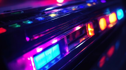 A close-up view of a colorful retro-style audio cassette player, showcasing vibrant LED lights in various colors, including blue, purple, and orange. The image captures the intricate design of the but