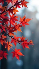 A tree with bare branches and red brown maple leaves against a winter wonderland background, foliage, maple branches