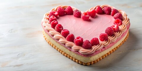 Naklejka premium Heart-Shaped Raspberry Cake with Creamy Frosting and Fresh Berries