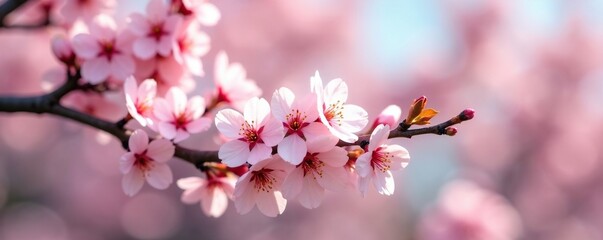 Obraz premium Soft pink blossoms on white cherry tree branches, blossoming, blossoms, springtime