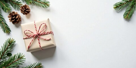 Fototapeta premium A Festive Present Wrapped in Natural Paper with a Red and White Twine Bow, Adorned with Pine Branches and Pine Cones on a White Background