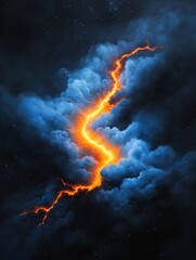 Fiery Streak Through Cosmic Clouds - A fiery, glittering streak cuts through swirling, blue cosmic clouds. Symbolizing energy, power, creation, chaos, and transformation.