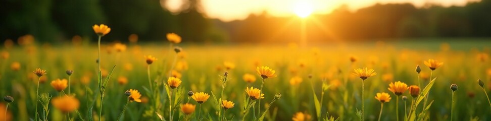 Fototapeta premium Golden hour over a serene grassy field with wildflowers blooming, nature, grassy field
