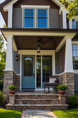 Fototapeta premium Charming Home Exterior: Stone Steps, Porch, and Blue Door. A perfect blend of architectural design and landscaping. Ideal for real estate listings and home design inspiration.