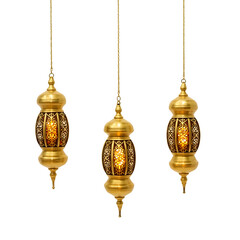 Golden eastern lanterns vintage famous with glowing candlelight on transparent background
