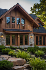 Fototapeta premium Spectacular Modern House with Stone and Wood Exterior,Landscaped Garden and Panoramic View