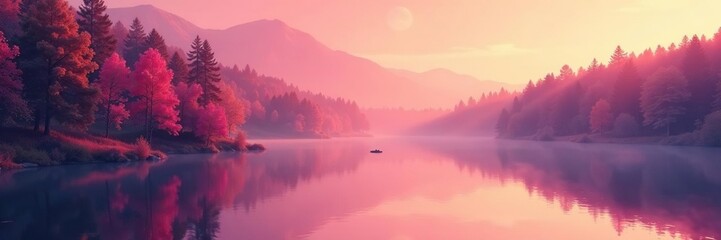 Fototapeta premium Soft pink hues on forest trees with lake reflection, colours, water, orange
