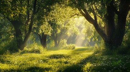 A serene forest scene illuminated by soft, golden sunlight filtering through lush green trees. The ground is covered in vibrant grass interspersed with small white flowers, creating a tranquil atmosph