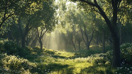 A serene forest scene featuring a pathway lined with lush green trees and vibrant wildflowers. Sunlight filters through the leaves, casting soft rays onto the meadow below, creating a tranquil and inv