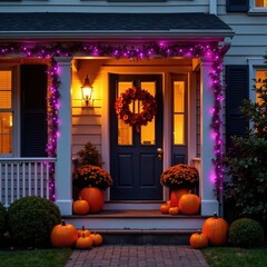 Obraz premium Decorated porch with orange pumpkins and purple garlands at dusk, orange pumpkins, evening lighting, seasonal decor