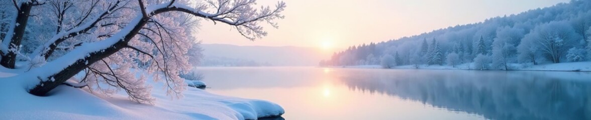 Fototapeta premium Frosty branches stretch towards distant snowline, serene atmosphere, icy landscape, frozen lakes
