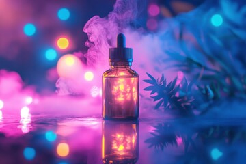 Colorful dropper bottle with glowing liquid beside fog and decorative lights in dark setting