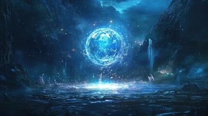 Enigmatic fantasy landscape featuring a luminous, swirling blue orb hovering over a serene lake surrounded by dark, rocky cliffs. Ethereal figures stand in the foreground, gazing at the orb, with a ca