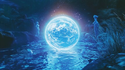 A mystical scene depicting a glowing, ethereal orb floating above a serene body of water, surrounded by tall grasses and soft, otherworldly figures in the background. The orb emits a bright blue light