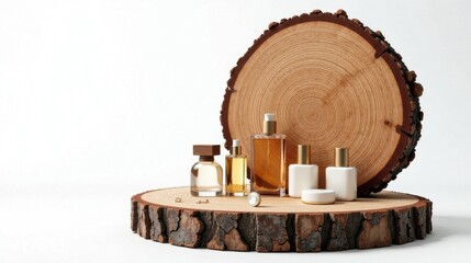 Wooden display showcasing amber and white perfume bottles