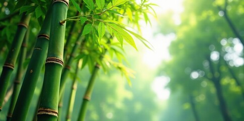 Mature bamboo culm with brown ridges and light green leaves towering above other plants, stem, nature