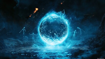 A mystical scene depicting a glowing blue portal set in a dark, eerie environment, surrounded by skeletal figures. The portal emits a bright, radiant light that contrasts starkly with the shadowy back